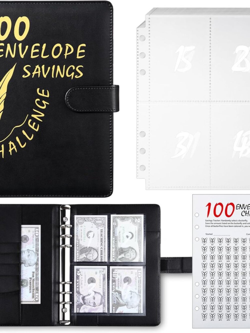 100 Envelope Challenge Binder, Black Money Saving Book
